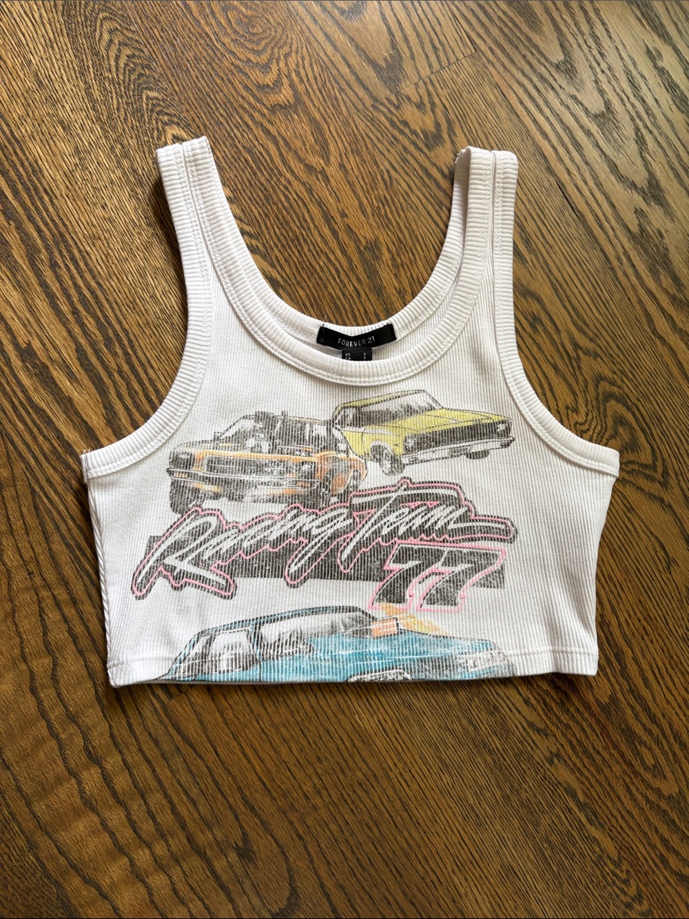 Forever 21 White Ribbed Crop Tank with Racing Car Graphic